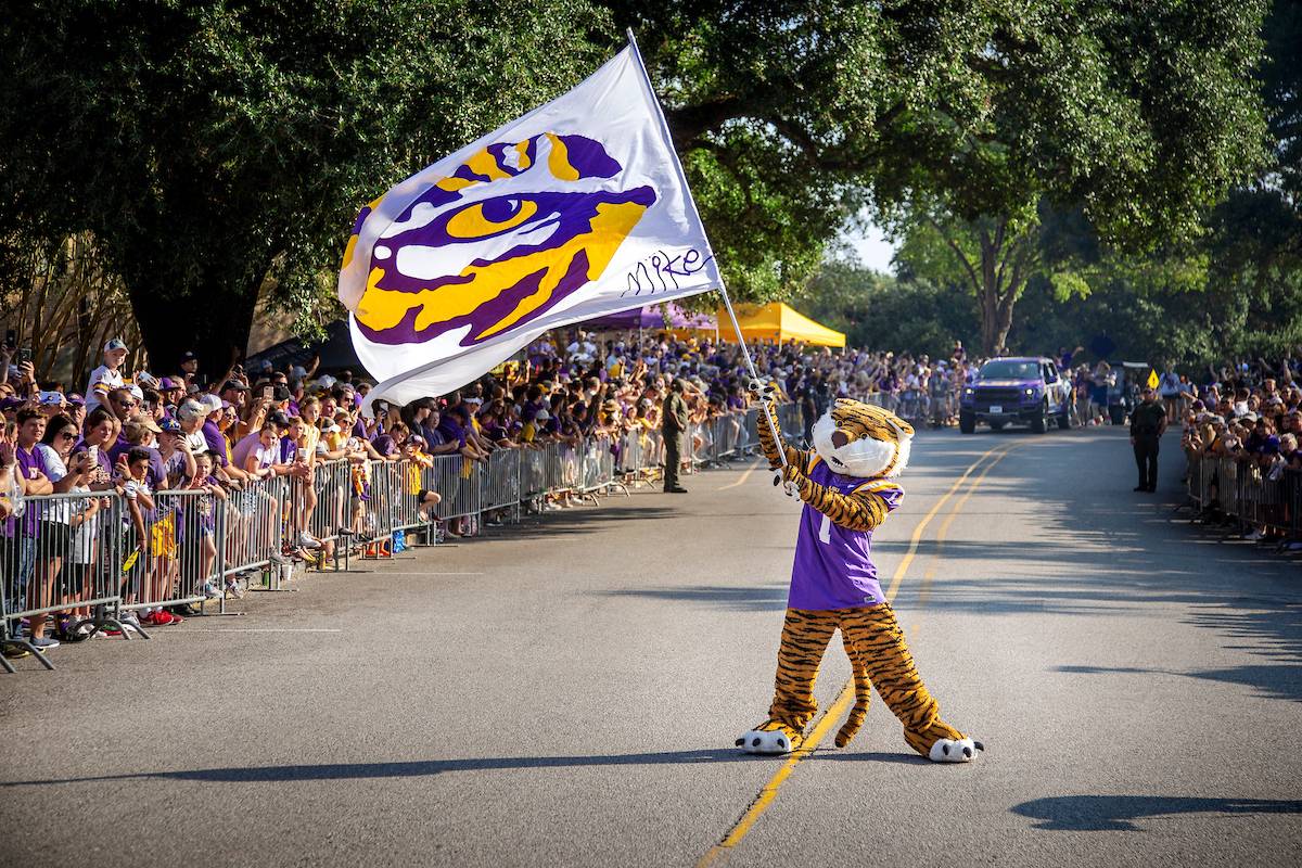 Mike the Tiger waves a flag  Mike the Tiger waves a flag
