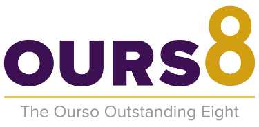 A wordmark in grey, purple, and gold that reads Ourso Ouststanding Eight