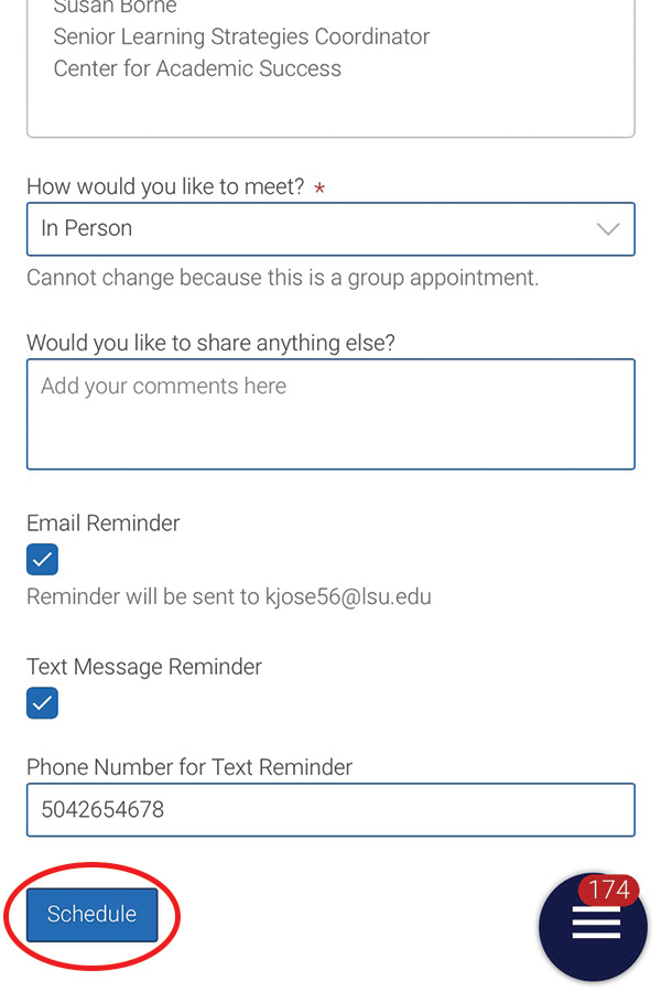 screen shot of how to finalize scheduling a CAS workshop