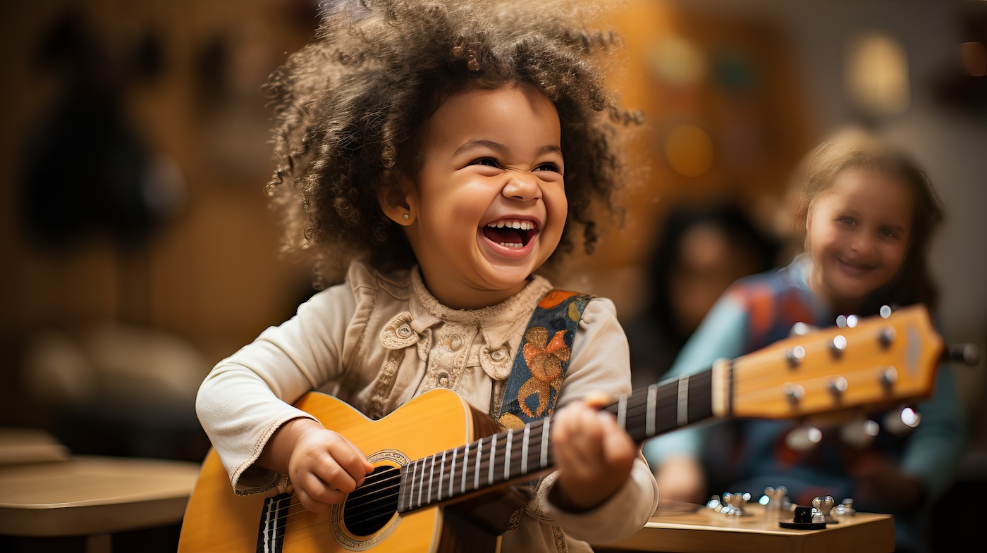 Child smiling while playing the guitaer