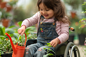 young girl in a wheelchair watering plants