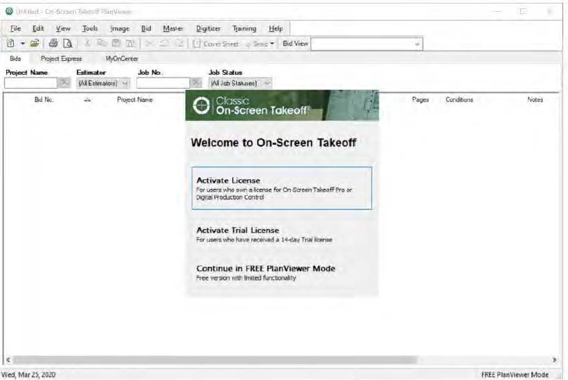 Open On-Screen Takeoff 3. It is still not the full version since it has not been licensed. If you look at the bottom write corner of the OST home screen you will see “FREE PlanViewer Mode” which means it is a trial version. 