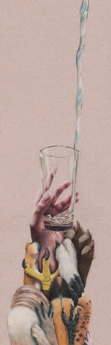 Glass Half... water being poured into a glass held by a variety of animal paws, claws, hooves