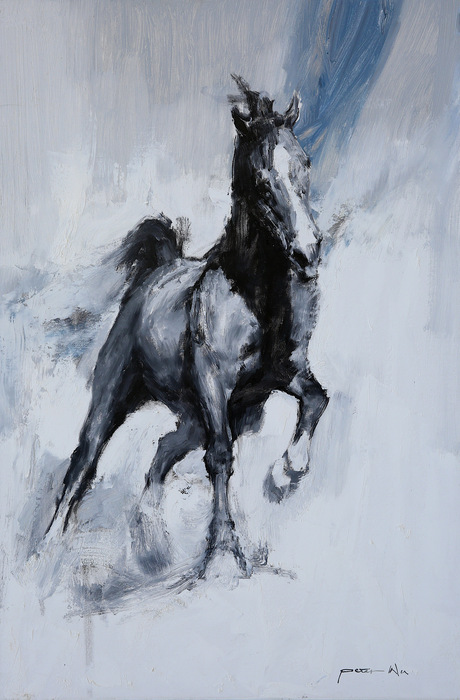 Go straight to the benchmark oil painting of a dark horse